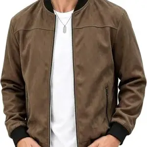 Men's Jacket Faux Suede Varsity Bomber Full Zip Casual Outerwear