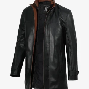 Men's Black Wide-Lapel Leather Jacket — 3/4 Length, Dual Closure